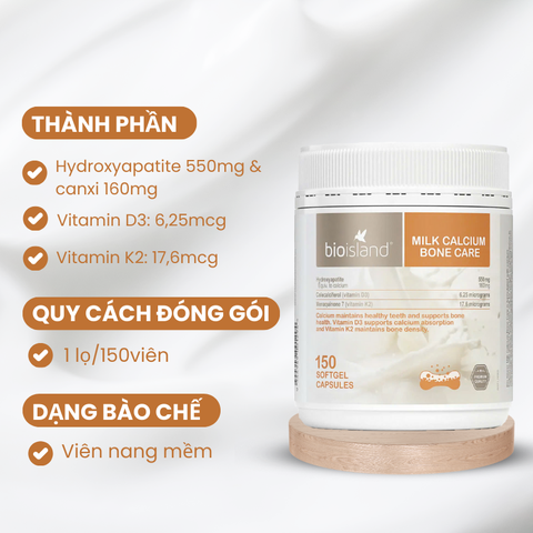 Bio Island Milk Calcium Bone Care – Bổ Sung Canxi Từ Sữa Bò Với Vitamin D3 K2 Hỗ Trợ Xương Khỏe Mạnh, Duy Trì Mật Độ Xương
