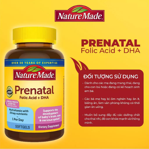 Vitamin tổng hợp bầu Nature Made Prenatal Folic Acid + DHA 100 viên giúp phòng chống dị tật và phát triển hệ thần kinh thai nhi