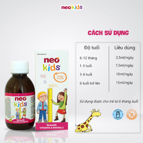 Siro ăn ngon Neo Kids Growth - 19 Vitamin, khoáng chất giúp bé yêu đủ chất cao lớn mỗi ngày 150ml