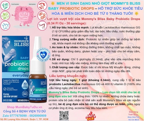 🌟 MEN VI SINH DẠNG NHỎ GIỌT MOMMY'S BLISS BABY PROBIOTIC DROPS – HỖ TRỢ SỨC KHỎE TIÊU HÓA & MIỄN DỊCH CHO BÉ TỪ 0 THÁNG TUỔI! 🌟