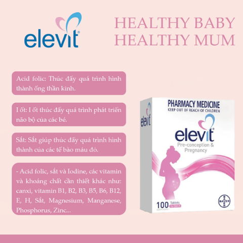 Viên uống bổ sung vitamin cho mẹ bầu Elevit Healthy Baby Healthy Mum 100 viên tăng cường sức khỏe và sức đề kháng cho mẹ và bé