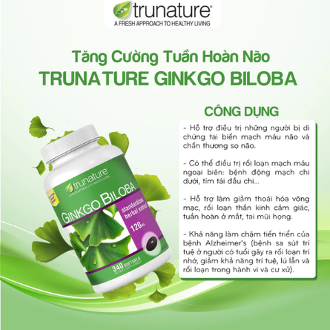 Viên uống bổ não Trunature Ginkgo Biloba 340 viên Mỹ hỗ trợ tuần hoàn máu não