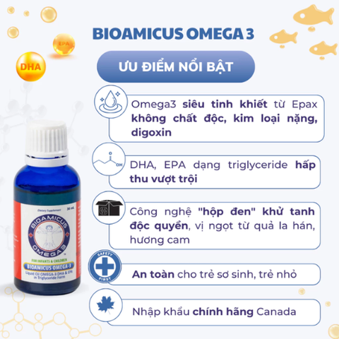 Dung dịch dầu cá tinh khiết BioAmicus Omega-3 hỗ trợ phát triển não bộ và thị giác cho bé sơ sinh hương vị cam lọ 30ml Canada