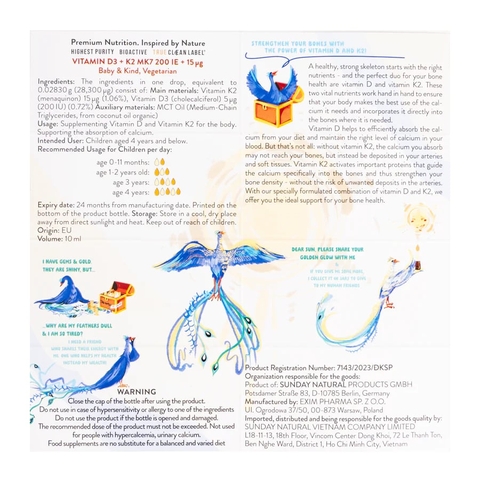 Vitamin D3 K2 MK7 Sunday Natural Của Đức Tăng Chiều Cao Cho Bé, 200IE – Bổ Sung Dễ Hấp Thu, Xương Chắc Khỏe, Miễn Dịch Mạnh Từ Sơ Sinh