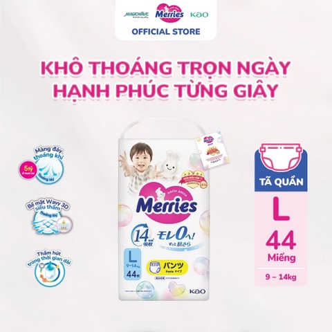 Tã Quần Merries Size L Cho Bé Từ 9-14kg (44 Miếng) 2026 – Tã Merries Nhật Bản Siêu Mềm Thoáng Khí Hấp Thụ Tốt Không Gây Hăm Da Hỗ Trợ Bé Thoải Mái Ngủ Ngon Chính Hãng Giá Rẻ