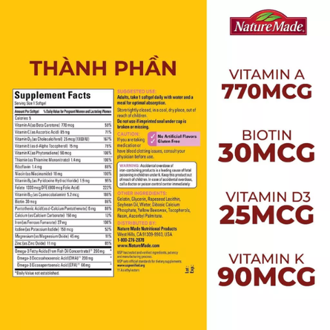 Vitamin tổng hợp bầu Nature Made Prenatal Folic Acid + DHA 100 viên giúp phòng chống dị tật và phát triển hệ thần kinh thai nhi