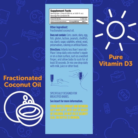 Vitamin D3 hữu cơ giọt cho trẻ sơ sinh | 400 IU mỗi giọt | Đã được chứng minh lâm sàng an toàn và hiệu quả | Không vị và không mùi | USDA Hữu cơ | Không biến đổi gen