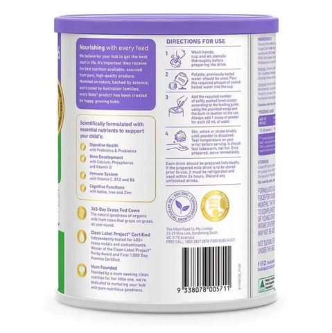 Sữa Bubs Organic Số 3 Grass Fed Toddler Milk 800g Cho Trẻ Từ 1 Đến 3