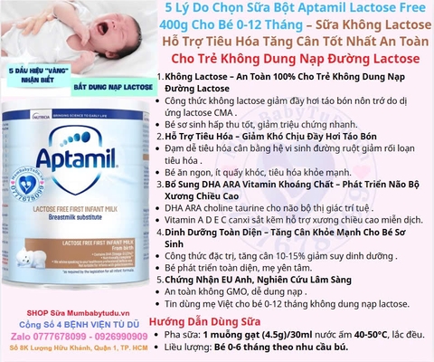 Sữa Bột Aptamil Lactose Free 400g Cho Bé 0-12 Tháng 2026 – Aptamil Lactose Free Không Lactose Hỗ Trợ Tiêu Hóa Tăng Cân Khỏe Mạnh Cho Bé Không Dung Nạp Đường Lactose Chính Hãng Anh Giá Rẻ