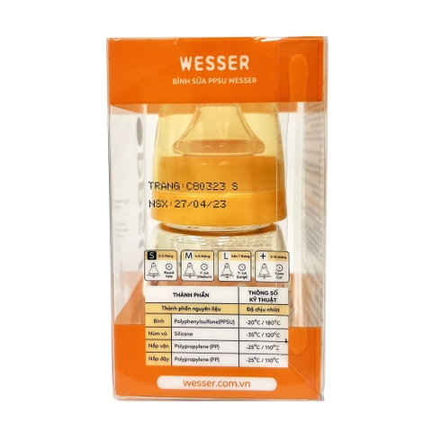 Bình sữa Wesser nhựa PPSU cổ hẹp 60ml núm ti S