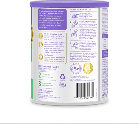 Sữa Bubs Organic Số 1 Grass Fed Infant Formula 800g Cho Trẻ Sơ Sinh Từ 0 Đến 6 Tháng Tuổi 2026