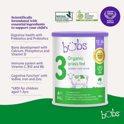 Sữa Bubs Organic Số 3 Grass Fed Toddler Milk 800g Cho Trẻ Từ 1 Đến 3