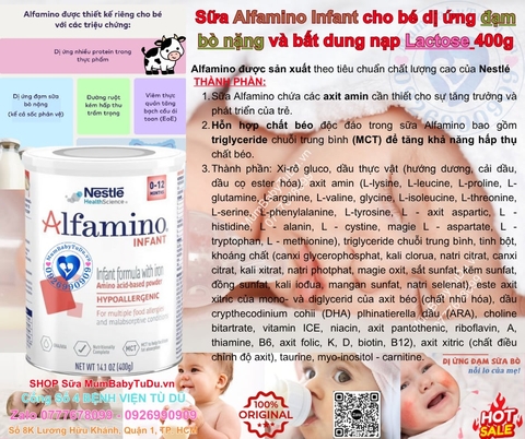 Sữa Alfamino Infant cho bé dị ứng đạm bò nặng và bất dung nạp Lactose 400g từ 0-12 tháng
