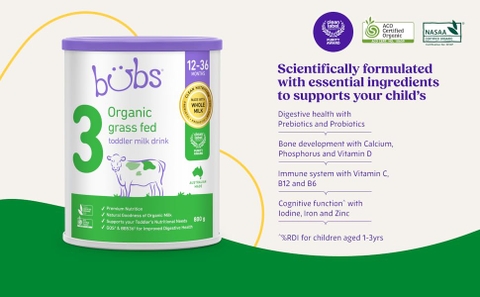 Sữa Bubs Organic Số 3 Grass Fed Toddler Milk 800g Cho Trẻ Từ 1 Đến 3