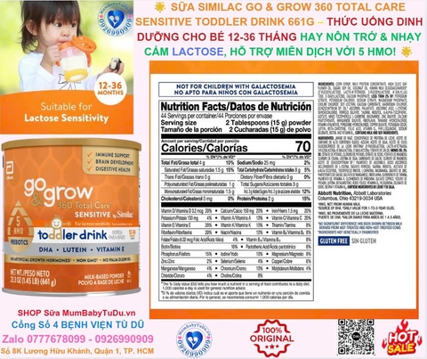 🌟 SỮA SIMILAC GO & GROW 360 TOTAL CARE SENSITIVE TODDLER DRINK 661G – THỨC UỐNG DINH DƯỠNG CHO BÉ 12-36 THÁNG HAY NÔN TRỚ & NHẠY CẢM LACTOSE, HỖ TRỢ MIỄN DỊCH VỚI 5 HMO! 🌟