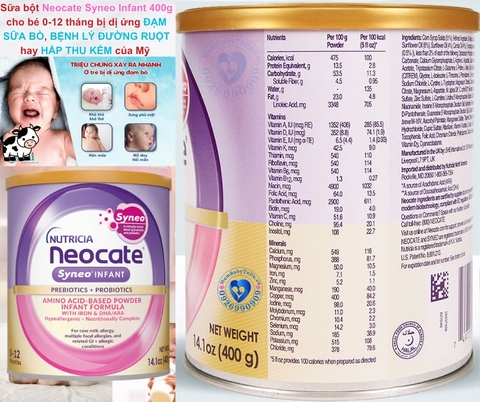 Sữa Neocate Syneo Mỹ 400g Chính Hãng 2025: Review Chi Tiết, Giá Bán, Thành Phần, Lợi Ích, Cách Pha Cho Bé Dị Ứng Đạm Sữa Bò Nặng, Rối Loạn Tiêu Hóa, Viêm Ruột, Hấp Thu Kém
