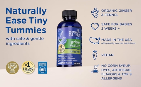 Nước Giảm Đầy Hơi Mommy’s Bliss Gripe Water Original 120ml 2026 – Siro Thảo Dược Dạng Lỏng An Toàn Dịu Nhẹ Làm Dịu Đầy Hơi Đau Bụng Nấc Cụt Quấy Khóc Ở Trẻ Sơ Sinh Chính Hãng Mỹ Giá Rẻ Không Chất Bảo Quản Không Paraben