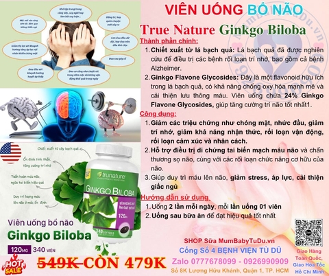Viên Uống Bổ Não TruNature Ginkgo Biloba 340 Softgels 2026 – Viên Uống TruNature Ginkgo Biloba 120mg Bổ Sung Chiết Xuất Lá Bạch Quả Tăng Cường Trí Nhớ Tập Trung Tuần Hoàn Máu Não Giảm Mệt Mỏi Chóng Mặt Ù Tai An Toàn Không GMO Không Gluten Chính Hãng Mỹ Costco Giá Rẻ