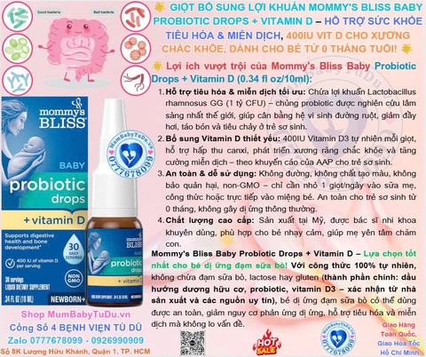 🌟 GIỌT BỔ SUNG LỢI KHUẨN MOMMY'S BLISS BABY PROBIOTIC DROPS + VITAMIN D – HỖ TRỢ SỨC KHỎE TIÊU HÓA & MIỄN DỊCH, 400IU VIT D CHO XƯƠNG CHẮC KHỎE, DÀNH CHO BÉ TỪ 0 THÁNG TUỔI! 🌟