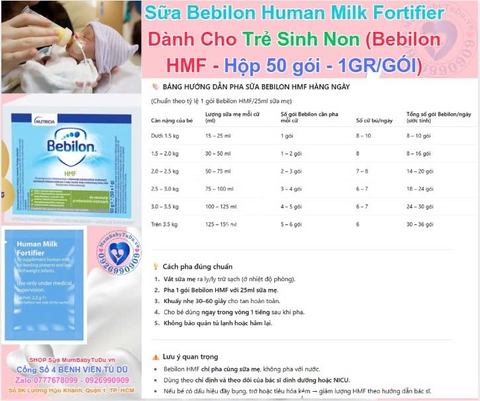 Bebilon HMF Chính Hãng – Bột Bổ Sung Sữa Mẹ Cho Trẻ Sinh Non Nhẹ Cân Thiếu Tháng Suy Dinh Dưỡng Tăng Cân An Toàn Không Lactose Không GMO Protein Thủy Phân Vitamin Khoáng Chất Hộp 50 Gói 1g/Gói