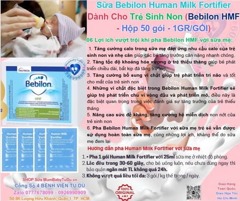 Bebilon HMF Chính Hãng – Bột Bổ Sung Sữa Mẹ Cho Trẻ Sinh Non Nhẹ Cân Thiếu Tháng Suy Dinh Dưỡng Tăng Cân An Toàn Không Lactose Không GMO Protein Thủy Phân Vitamin Khoáng Chất Hộp 50 Gói 1g/Gói