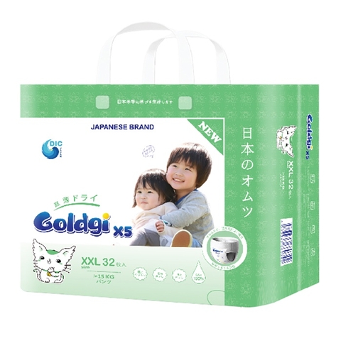 Bỉm Tã quần Goldgi+ X5 size XXL 32 miếng (cho bé > 15kg)
