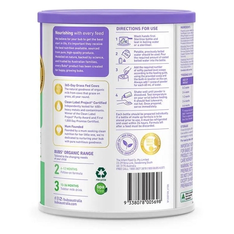 Sữa Bubs Organic Số 1 Grass Fed Infant Formula 800g Cho Trẻ Sơ Sinh Từ 0 Đến 6 Tháng Tuổi 2026
