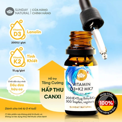 Vitamin D3 K2 MK7 Sunday Natural Của Đức Tăng Chiều Cao Cho Bé, 200IE – Bổ Sung Dễ Hấp Thu, Xương Chắc Khỏe, Miễn Dịch Mạnh Từ Sơ Sinh