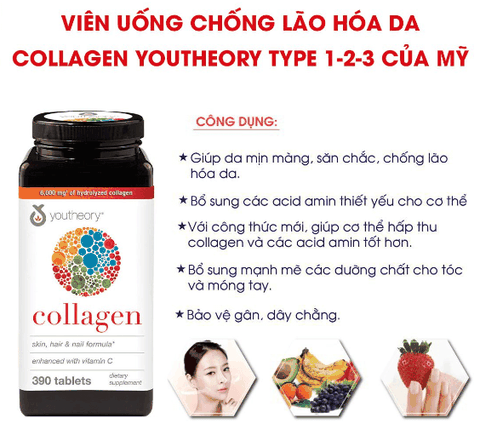 Viên uống đẹp da Collagen vitamin C chai 390 viên hãng Youtheory của Mỹ (mẫu mới)