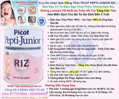 Sữa Công Thức PICOT PEPTI-JUNIOR RIZ – Sữa Đặc Trị Từ Đạm Gạo Thủy Phân, Không Đạm Bò, Không Lactose Dành Cho Trẻ Từ Sơ Sinh Đến 3 Tuổi (0–36 Tháng) 2026 – Sữa Thủy Phân Đạm Gạo Hypoallergenic Hỗ Trợ Tăng Cân Tiêu Hóa Miễn Dịch Cho Bé Dị Ứng Đạm Sữa Bò CMA Chính Hãng Pháp Giá Rẻ