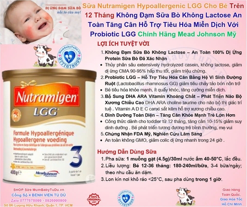 Sữa Công Thức Nutramigen Hypoallergenic LGG Cho Bé Từ 12 Tháng Tuổi Trở Lên 2026 – Nutramigen 3 LGG Complete Không Đạm Sữa Bò Không Lactose An Toàn Tăng Cân Hỗ Trợ Tiêu Hóa Miễn Dịch Với Probiotic LGG Chính Hãng Mead Johnson Mỹ Giá Rẻ Cho Trẻ Dị Ứng Đạm Sữa Bò