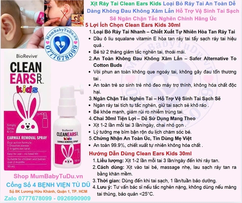 Clean Ears Kids 30ml Xịt Ráy Tai Cho Bé Từ 2 Tháng Của Úc 2026 – Xịt Ráy Tai Clean Ears Kids Loại Bỏ Ráy Tai An Toàn Dễ Dàng Không Đau Không Xâm Lấn Hỗ Trợ Vệ Sinh Tai Sạch Sẽ Ngăn Chặn Tắc Nghẽn Chính Hãng Úc Giá Rẻ