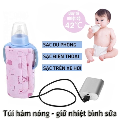 Túi Ủ Bình Sữa Vải Nhung Có Cáp Sạc