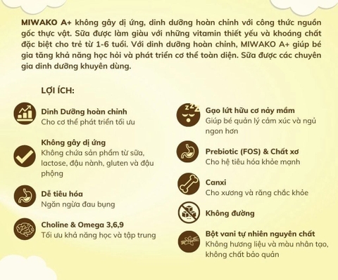 Sữa Hạt Thực Vật Hữu Cơ Miwako A+ Vị Vani 700g, 400g Cho Trẻ Từ 1-6 Tuổi Dị Ứng Đạm Sữa Bò