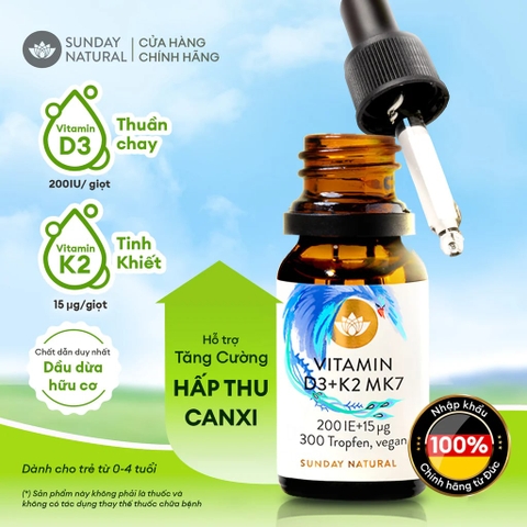 Vitamin D3 K2 MK7 Sunday Natural Của Đức Tăng Chiều Cao Cho Bé, 200IE – Bổ Sung Dễ Hấp Thu, Xương Chắc Khỏe, Miễn Dịch Mạnh Từ Sơ Sinh