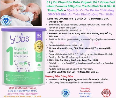 Sữa Bubs Organic Số 1 Grass Fed Infant Formula 800g Cho Trẻ Sơ Sinh Từ 0 Đến 6 Tháng Tuổi 2026