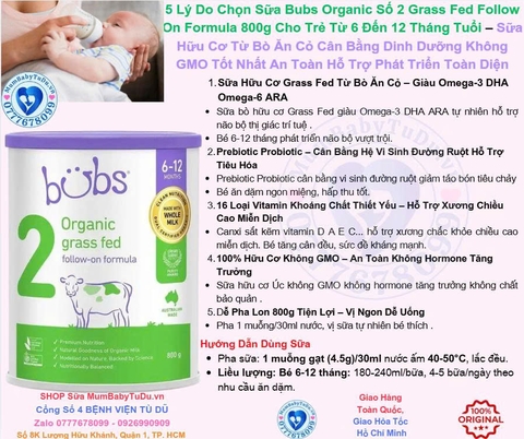 Sữa Bubs Organic Số 2 Grass Fed Follow On Formula 800g Cho Trẻ Từ 6 Đến 12 Tháng
