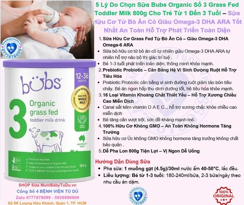 Sữa Bubs Organic Số 3 Grass Fed Toddler Milk 800g Cho Trẻ Từ 1 Đến 3
