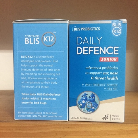 Men vi sinh tai mũi họng Amidan - BLIS K12 PROBIOTICS DAILY DEFENCE JUNIOR (45g) - tăng đề kháng đường hô hấp