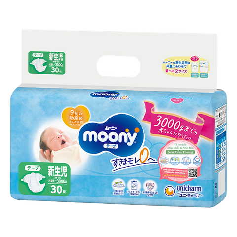 Tã Dán Moony Cho Trẻ Sinh Non Dưới 3kg 30 Miếng – Tã Siêu Mỏng, Thấm Hút 12h, Chống Hăm, Da Nhạy Cảm, Nhập Khẩu Nhật Bản