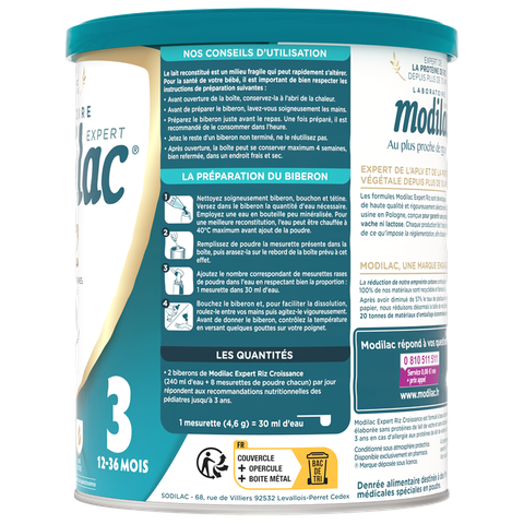 Sữa bột đạm gạo Modilac Expert Riz 3 dành cho trẻ bị ứng đạm bò, bất dung nạp lastose từ 12-36tháng - 800g