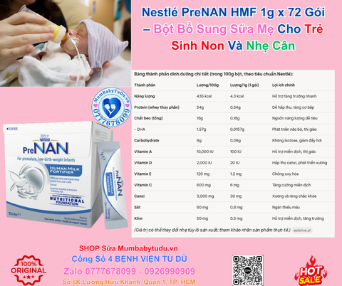 Nestlé PreNAN HMF 1g x 72 Gói – Bột Bổ Sung Sữa Mẹ Cho Trẻ Sinh Non Và Nhẹ Cân