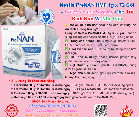 PreNAN HMF Nestlé  Bột Bổ Sung Sữa Mẹ Cho Trẻ Sinh Non Nhẹ Cân Thiếu Tháng 2025 – Bột HMF Nestlé PreNAN 1g x 72 Gói Tăng Cân An Toàn Không Lactose Không GMO Protein Thủy Phân DHA Vitamin Chính Hãng Thụy Sĩ Giá Rẻ Cho Bé Sơ Sinh