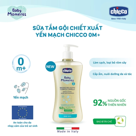 Sữa Tắm Gội Yến Mạch Chicco Cho Bé Sơ Sinh 500ml 2026 – Sữa Tắm Gội Chicco Oatmeal Cấp Ẩm Làm Mềm Tóc An Toàn Không Paraben Không Sulfate Chính Hãng Ý Giá Rẻ Cho Bé Da Nhạy Cảm