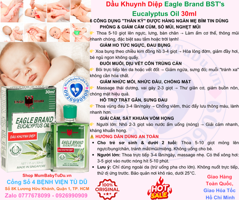 Tinh Dầu Khuynh Diệp Con Ó 2 Nắp Eagle Brand Eucalyptus Oil 30ml – Giữ ấm, giảm cảm cúm, thông mũi hiệu quả cho bé