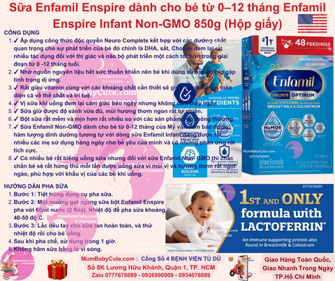 Sữa Enfamil Enspire dành cho bé từ 0–12 tháng Enfamil Enspire Infant Non-GMO 850g (Hộp giấy)