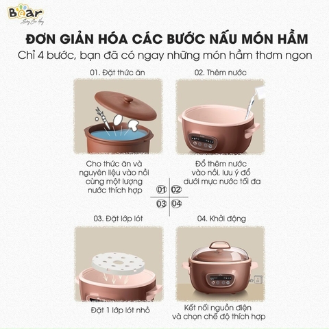 Nồi nấu chậm Bear 2.5L DDZ-C25R6 thố đất tử sa, đa năng nấu cháo Bản Quốc Tế