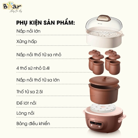 Nồi nấu chậm Bear 2.5L DDZ-C25R6 thố đất tử sa, đa năng nấu cháo Bản Quốc Tế