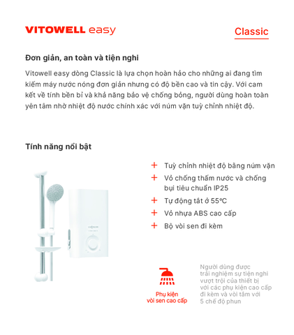 Máy nước nóng trực tiếp Vitowell easy Classic C1 35-V không bơm
