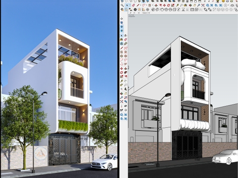 File Sketchup ngoại thất nhà phố hiện đại Vray Full Setting